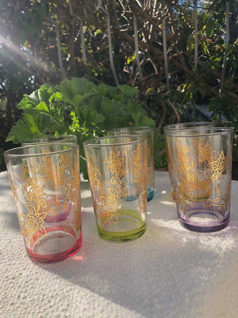 Gold Flower Tea Glasses with Pink Bottom