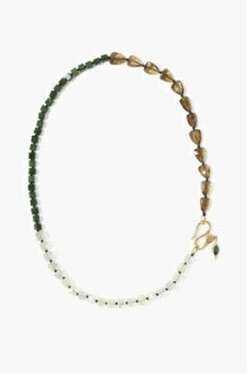 Gold Beaded Multi Stone Necklace - Green Mix