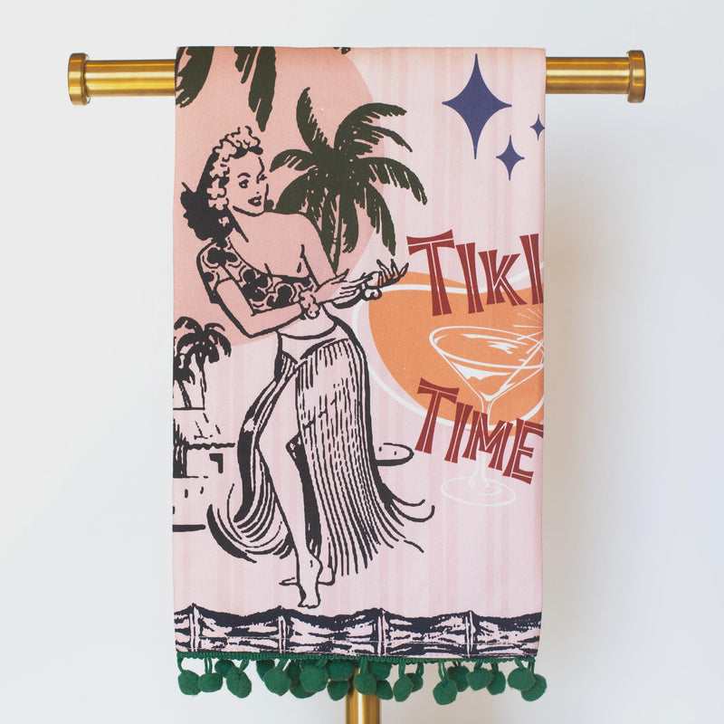 Vintage Tiki Time Luau Bar Towel with Trim