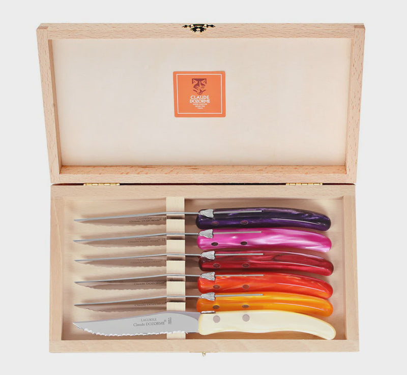 Laguiole Claude Dozorme Set of Six Steak Knives - Pink/Orange
