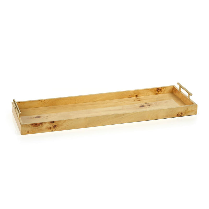 Burl Wood Rectangular Tray with Gold Handles - Large