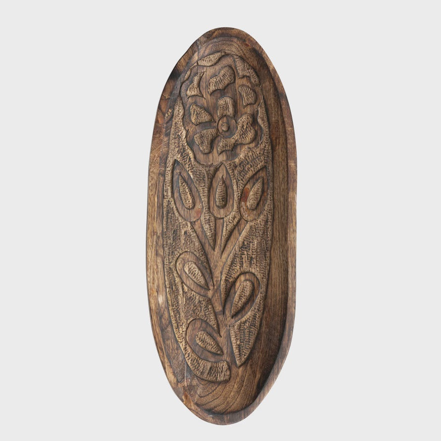 Decorative Hand-Carved Mango Wood Tray with Flower